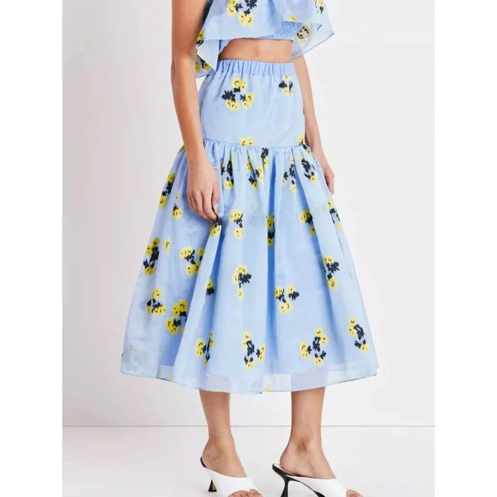 Tanya Taylor Lara Midi Skirt - Yellow/Blue Floral A-Line Sz Large